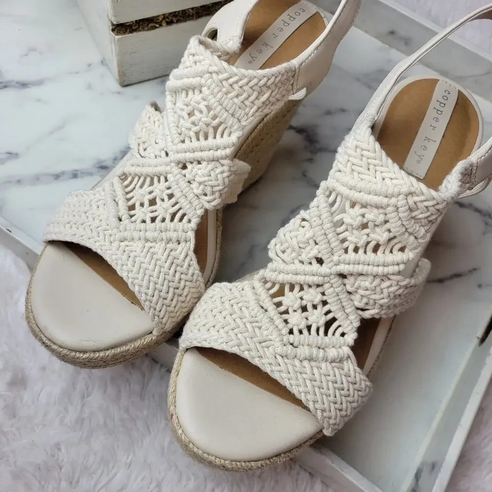 COPPER KEY Dreamcatcher Macrame EspadrillIe Platform Wedges Ivory Boho Size 8